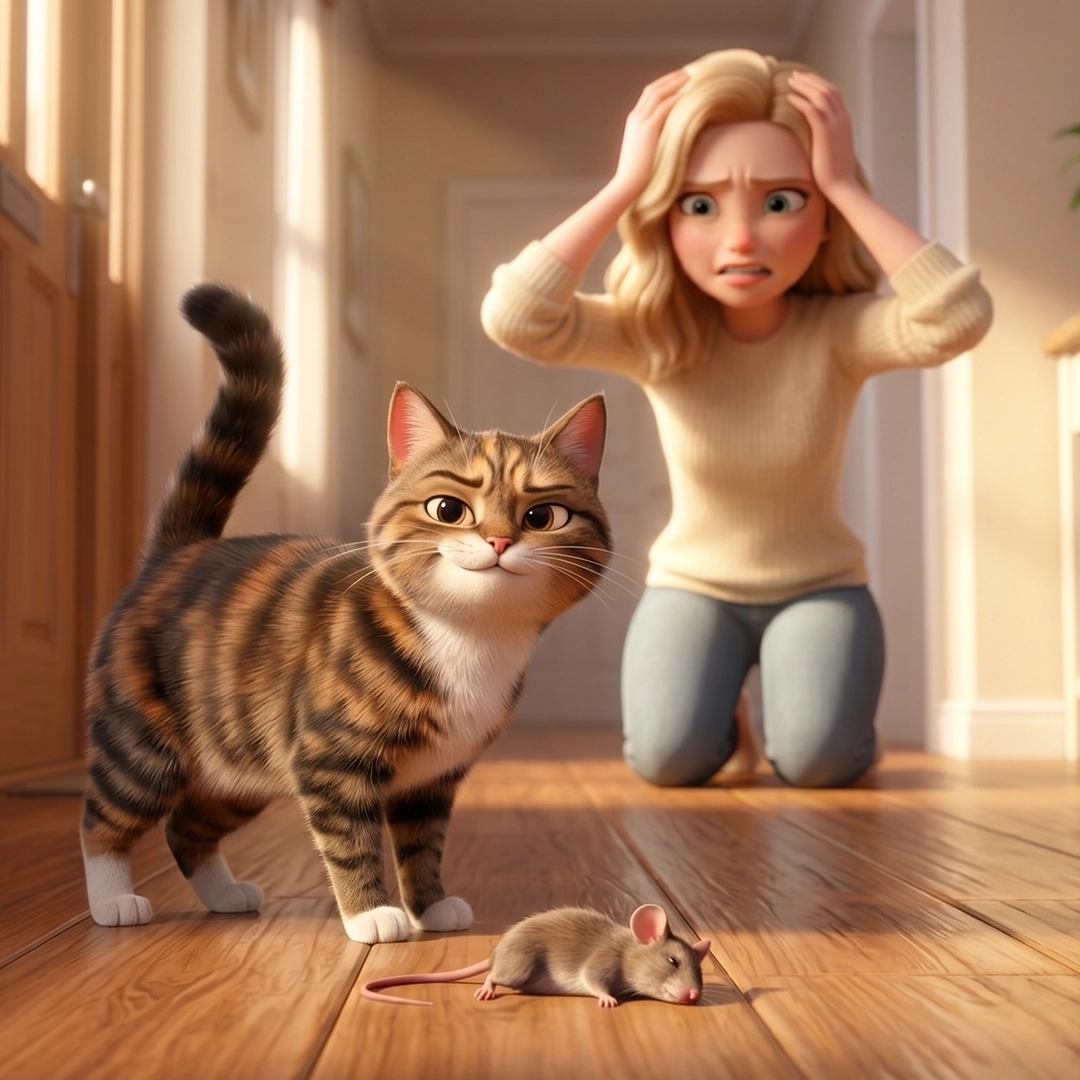 Cat dropping a mouse in the hallway