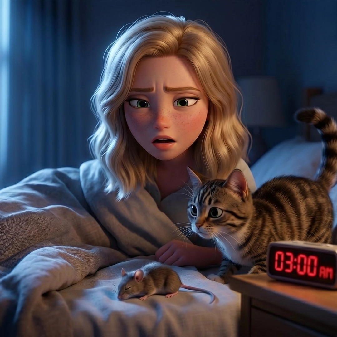 Bedroom at night with cat and mouse